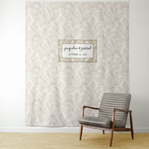Vintage Elegant Script Damask Wedding Photo Names Tapestry