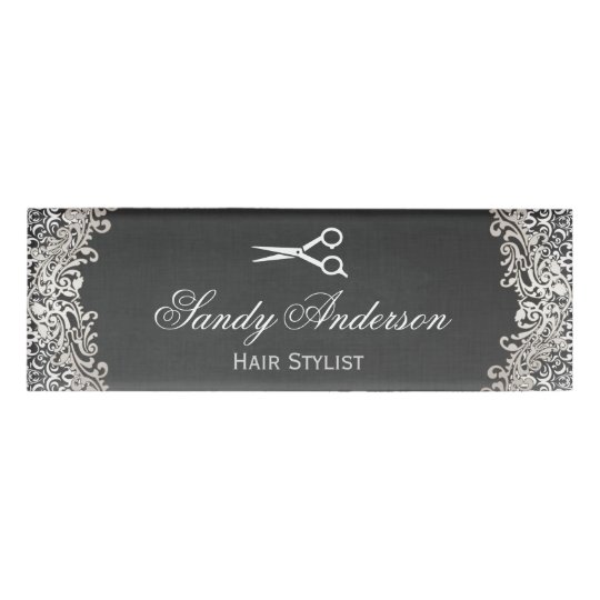 Vintage Elegant Silver Damask Hair Stylist Salon Name Tag Zazzle