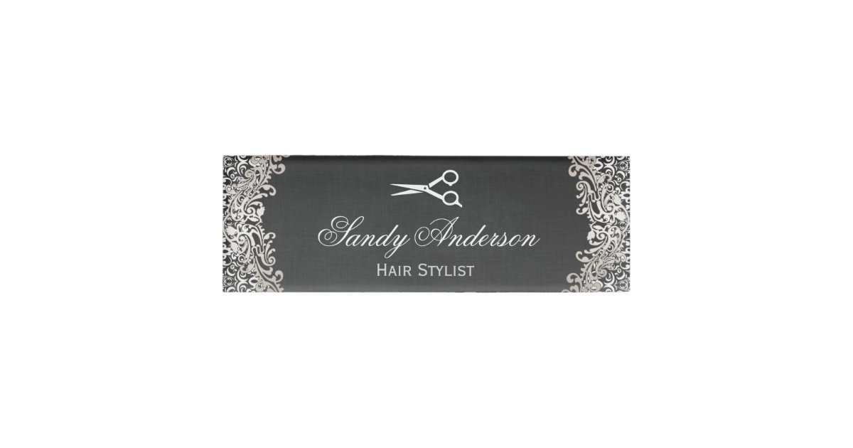 Vintage Elegant Silver Damask Hair Stylist Salon Name Tag Zazzle
