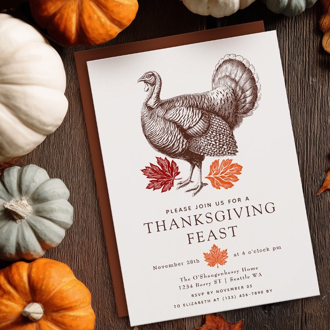 Vintage Elegant Turkey Autumn Leaf Thanksgiving Invitation (Creator Uploaded)