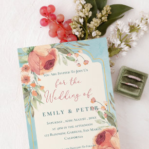 Vintage Elegant Watercolor Blue Floral Wedding Invitation