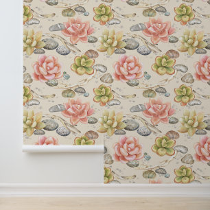 Vintage Elegant Watercolor Succulents Twigs Stones Wallpaper