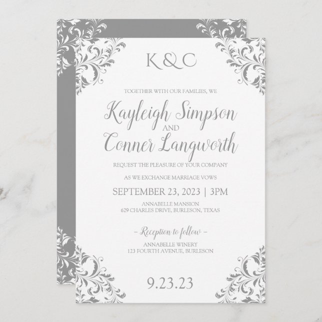 Vintage Elegant Wedding Invitation | Grey (Front/Back)