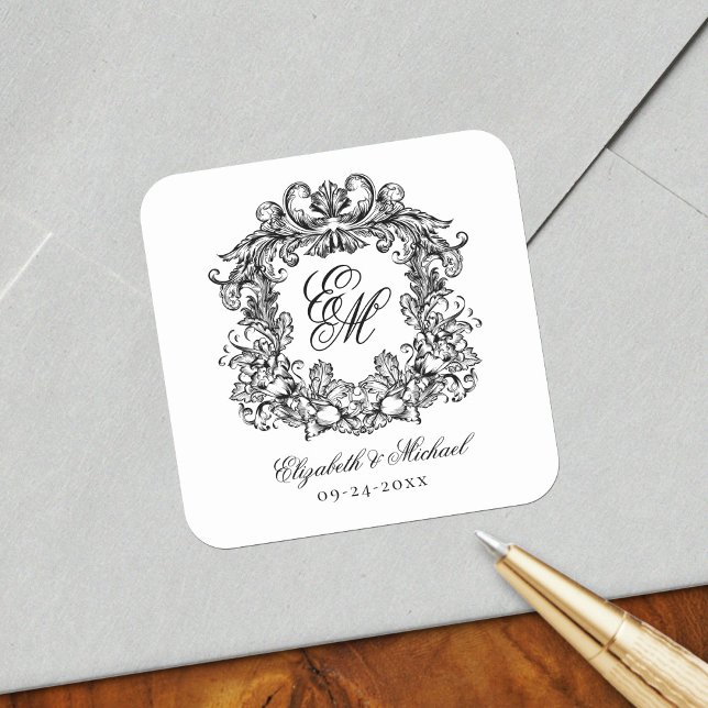 Vintage Elegant Wedding Monogram Crest Square Sticker (Creator Uploaded)
