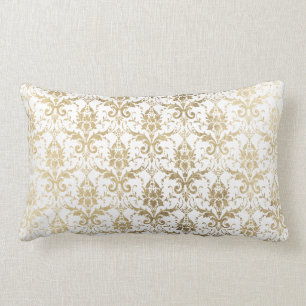 Vintage elegant white gold chic floral damask lumbar cushion