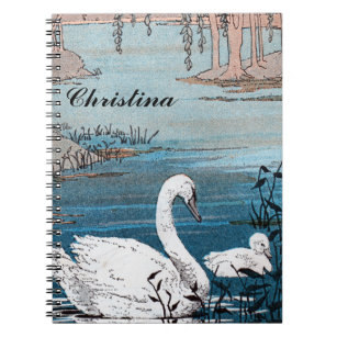 Vintage Elegant White Mother Swan Baby in Lake Notebook