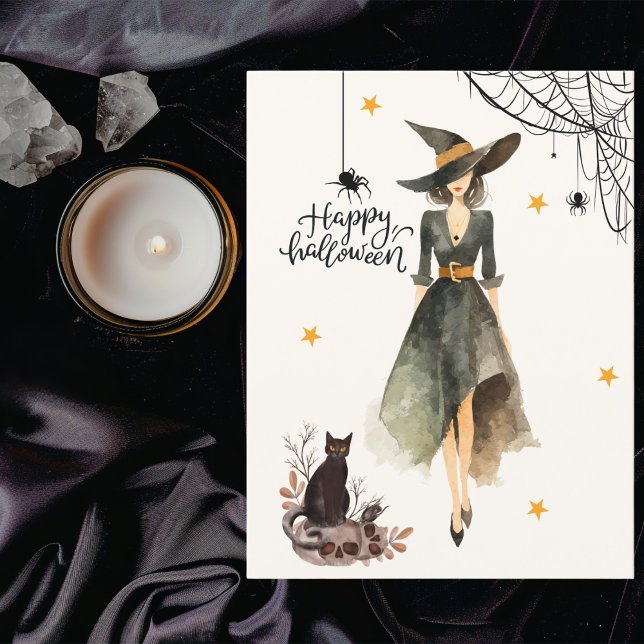 Vintage Elegant Witch Cat Photo Gothic Halloween Card (Front of Card)