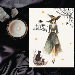 Vintage Elegant Witch Cat Spiders Gothic Halloween Card