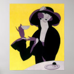 Vintage Elegant Woman Drinking Afternoon Tea Party Poster<br><div class="desc">Vintage illustration art deco image featuring a sophisticated and stylish lady wearing a hat. She is drinking her afternoon tea and eating a fresh baked cupcake pastry. Original yellow version.</div>