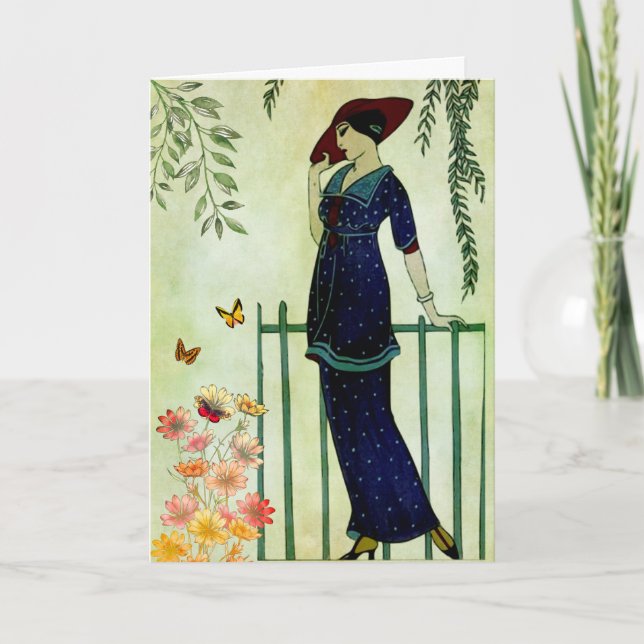 Vintage Elegant Woman Flowers Birthday Card (Front)