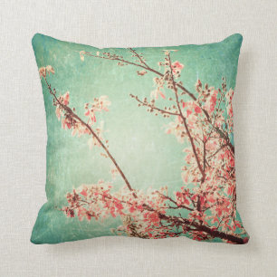 Vintage elegant worn teal wood & cherry blossom cushion