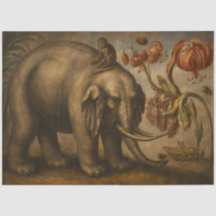 Vintage Elephant and Monkey Botanical Oil Painting