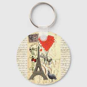 Vintage elephant and red heart balloons key ring