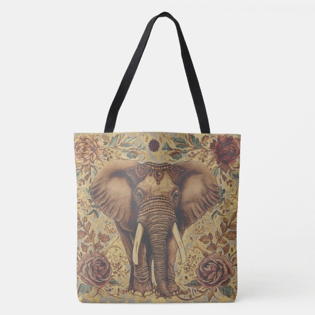 Vintage Elephant, Antique Elephant Flowers Pattern Tote Bag (Front)