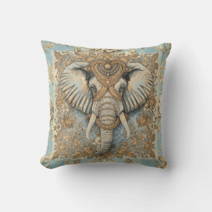 Vintage Elephant, Antique Elephant,Gold Soft Blue Cushion