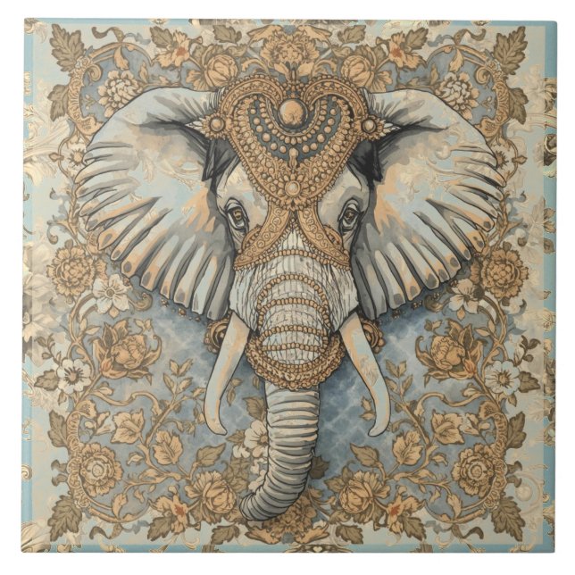 Vintage Elephant, Antique Elephant,Gold Soft Blue Tile (Front)