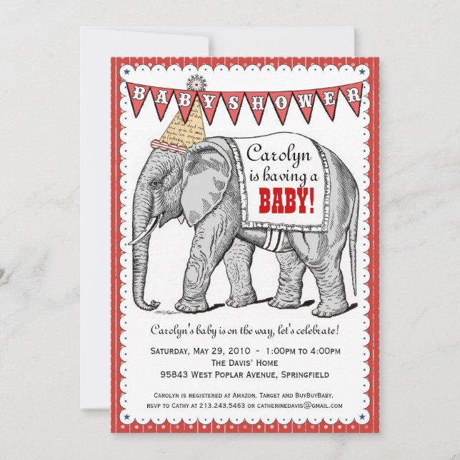 Vintage Elephant Circus Parade Baby Shower Invite (Front)