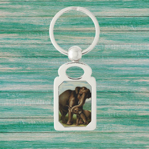 Vintage elephant cow with  her baby  key ring