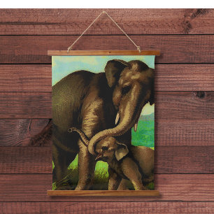 Vintage elephant cow with her calf hanging tapestry