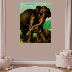 Vintage elephant cow with  her calf poster