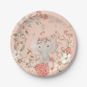 Vintage Elephant Florals Peach Girl Baby Shower Paper Plate