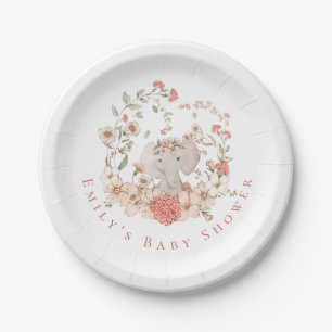 Vintage Elephant Florals White Girl Baby Shower Paper Plate