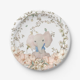 Vintage Elephant Foliage White Boy Baby Shower Paper Plate