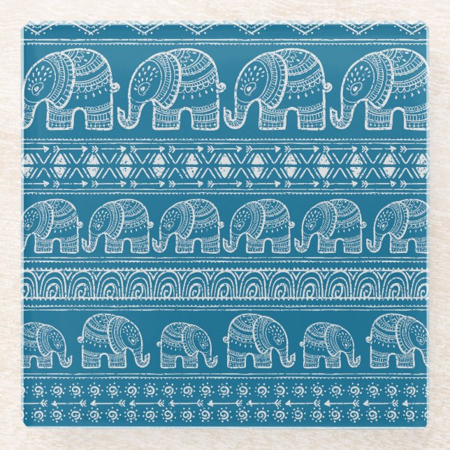 Vintage Elephant Frame Illustration Glass Coaster (Front)