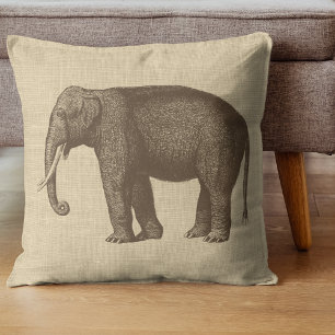 Vintage Elephant Illustration on Burlap Cushion