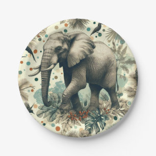 Vintage Elephant Jungle Painting Paper Plate