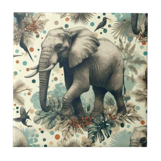 Vintage Elephant Jungle Painting Tile (Front)
