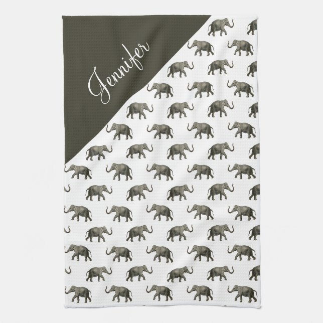 Vintage Elephant Pattern Custom Name Tea Towel (Vertical)
