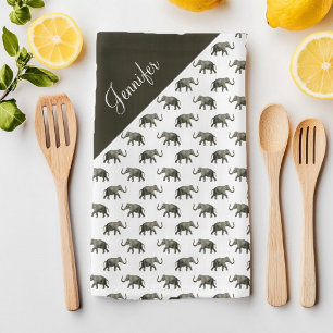 Vintage Elephant Pattern Custom Name Tea Towel