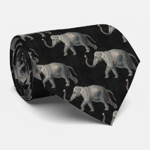 Vintage Elephant Pattern on Black Linen Tie