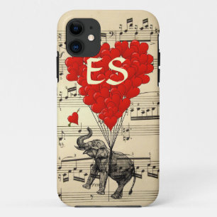 Vintage elephant & red heart balloons iPhone 11 case