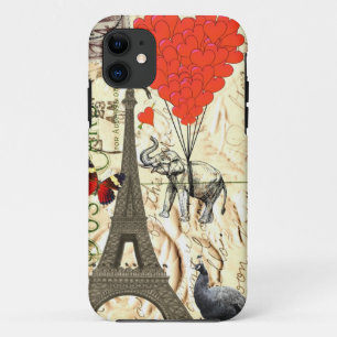 Vintage elephant & red heart balloons iPhone 11 case