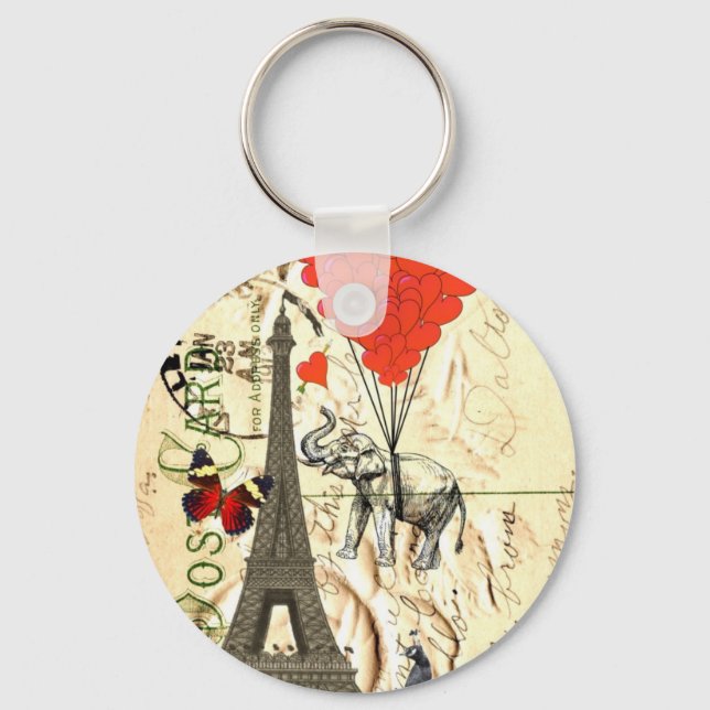 Vintage elephant & red heart balloons key ring (Front)