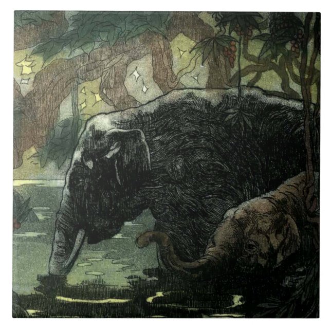 Vintage Elephants In Jungle Tile (Front)