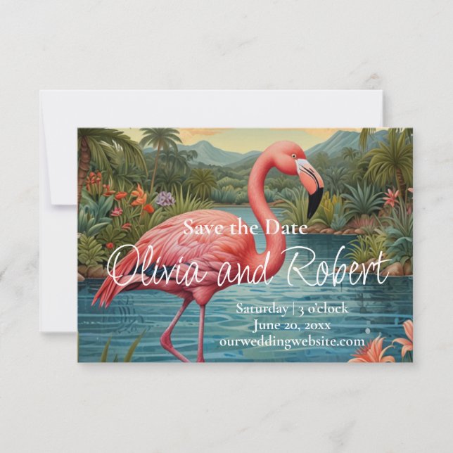 Vintage elgant pink tropical flamingo save the date (Front)