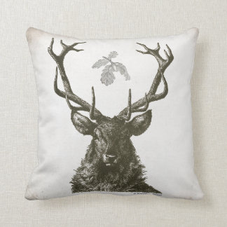 Vintage Elk head on throw pillow with oak leaves.
