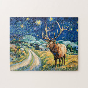 Vintage Elk Starry Night Van Gogh Countryside Jigsaw Puzzle