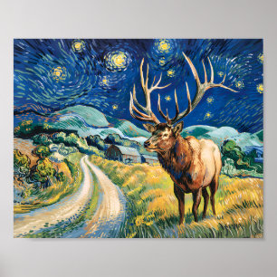 Vintage Elk Starry Night Van Gogh Countryside Poster