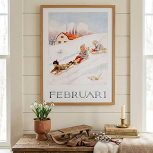 Vintage Elsa Beskow February Sledding Nursery Poster