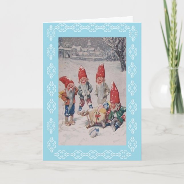 Vintage Elves and Sled Christmas Greeting Card (Front)