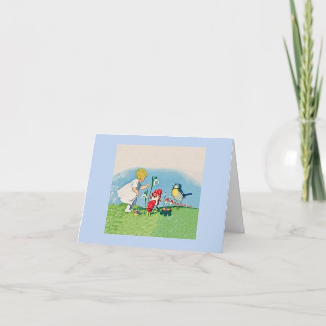 Vintage Elves Bird Easter Eggs Holiday Card (Front)