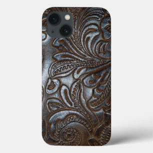 Vintage Embossed Brown Leather iPhone 13 Case