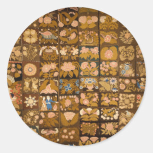 Vintage Embroidered Floral Quilt with Animals Classic Round Sticker