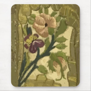 Vintage Embroidered Flowers and Leaves Mouse Pad