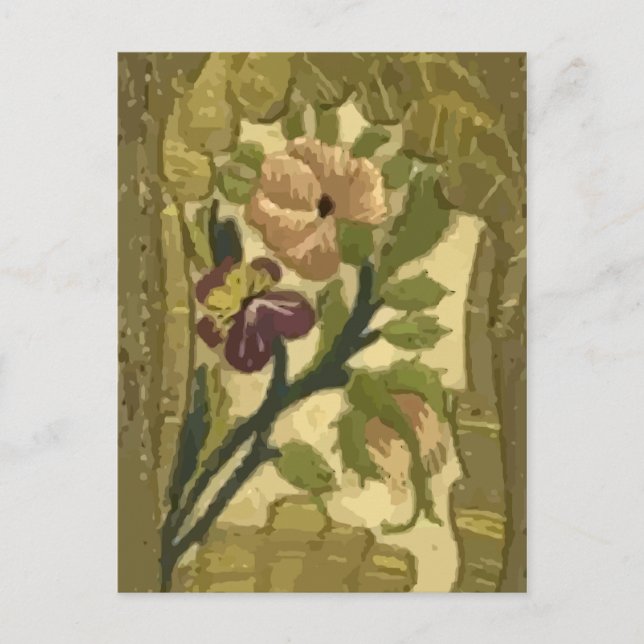 Vintage Embroidered Leaves and Flowers Postcard (Front)