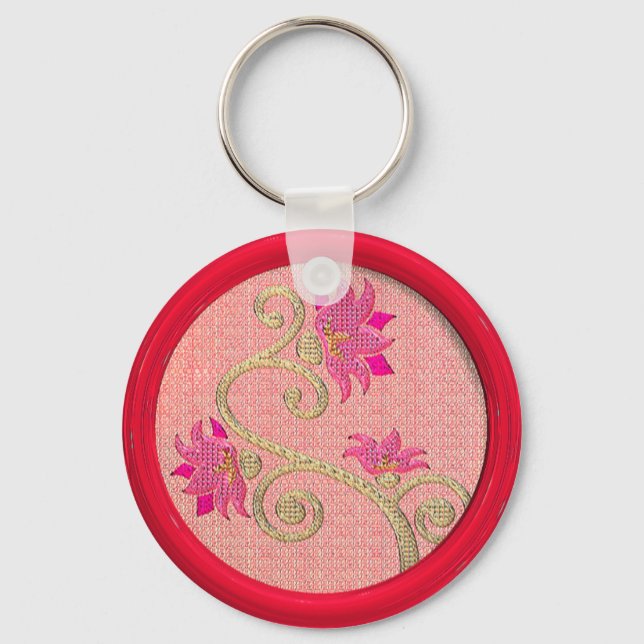 Vintage embroidered red flower sewing button  key ring (Front)
